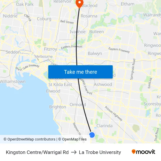 Kingston Centre/Warrigal Rd to La Trobe University map