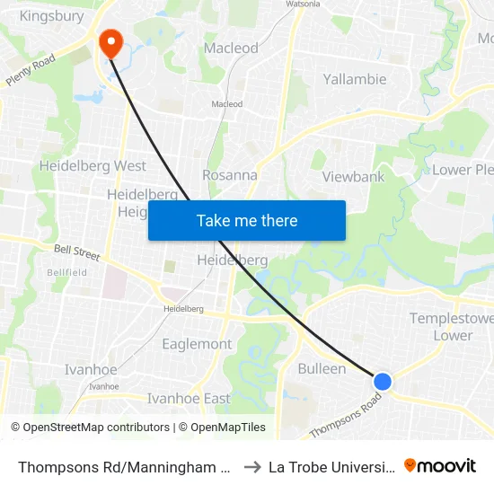 Thompsons Rd/Manningham Rd to La Trobe University map
