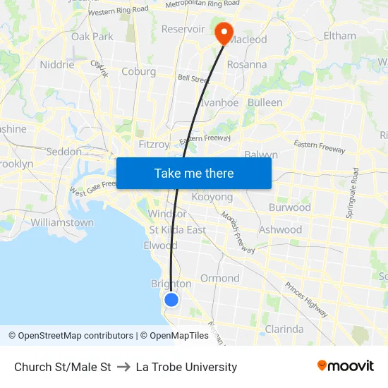 Church St/Male St to La Trobe University map
