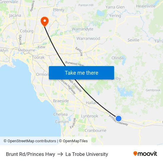 Brunt Rd/Princes Hwy to La Trobe University map