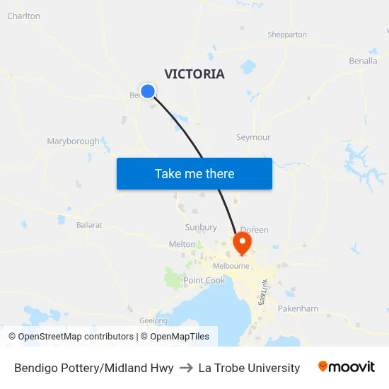 Bendigo Pottery/Midland Hwy to La Trobe University map