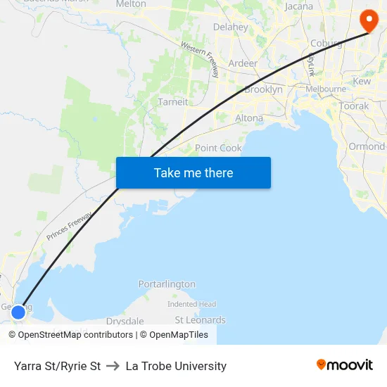Yarra St/Ryrie St to La Trobe University map