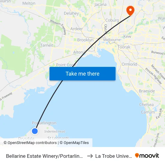 Bellarine Estate Winery/Portarlington Rd to La Trobe University map