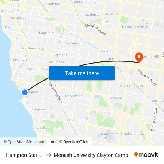 Hampton Station to Monash University Clayton Campus map