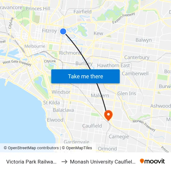 Victoria Park Railway Station to Monash University Caulfield Campus map