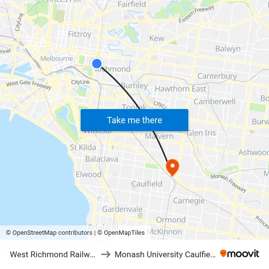 West Richmond Railway Station to Monash University Caulfield Campus map