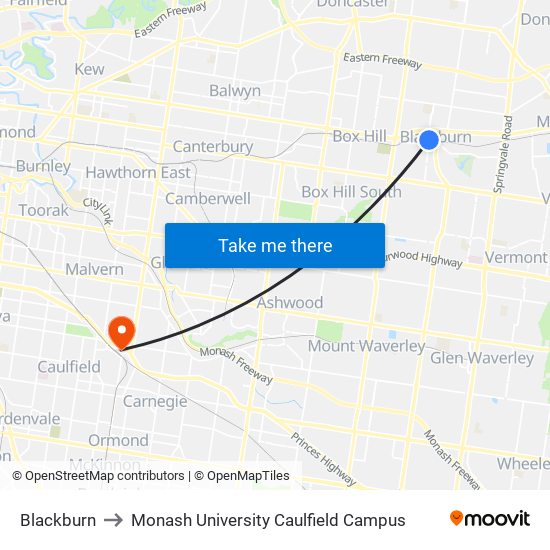 Blackburn to Monash University Caulfield Campus map