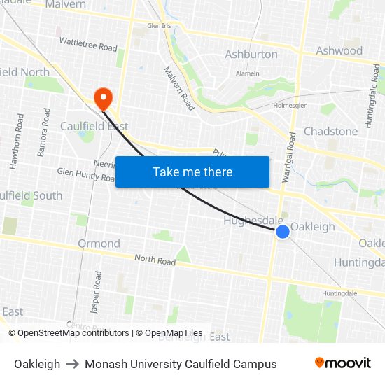 Oakleigh to Monash University Caulfield Campus map