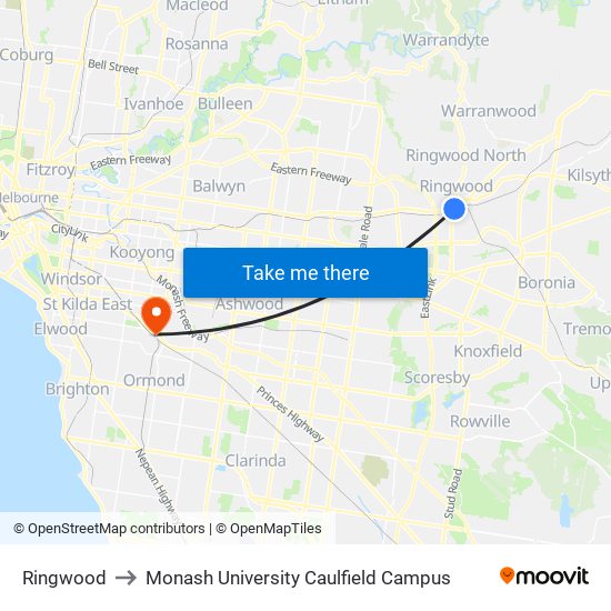 Ringwood to Monash University Caulfield Campus map