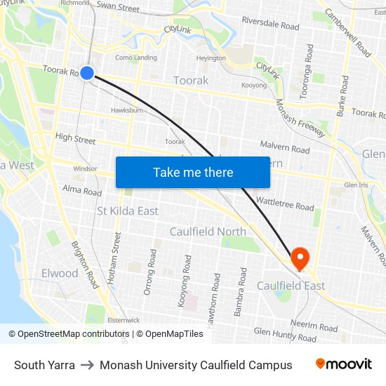 South Yarra to Monash University Caulfield Campus map