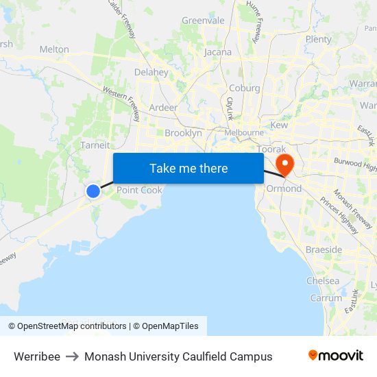 Werribee to Monash University Caulfield Campus map