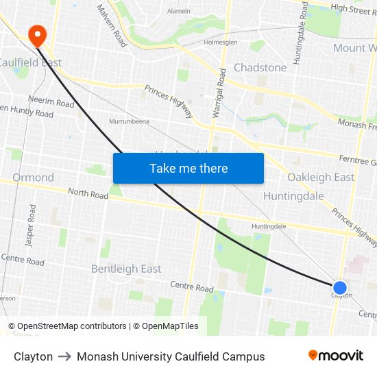 Clayton to Monash University Caulfield Campus map