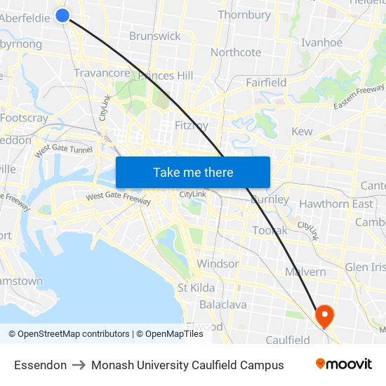 Essendon to Monash University Caulfield Campus map