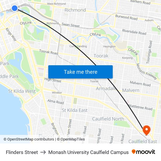 Flinders Street to Monash University Caulfield Campus map