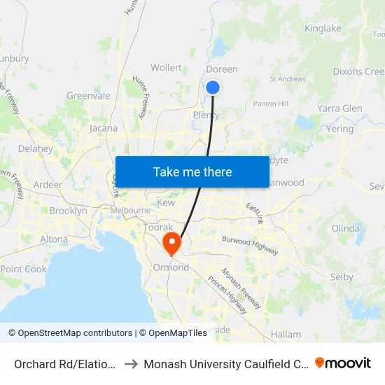 Orchard Rd/Elation Bvd to Monash University Caulfield Campus map