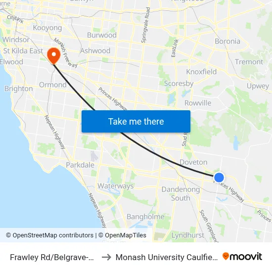 Frawley Rd/Belgrave-Hallam Rd to Monash University Caulfield Campus map