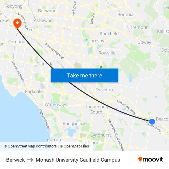 Berwick to Monash University Caulfield Campus map