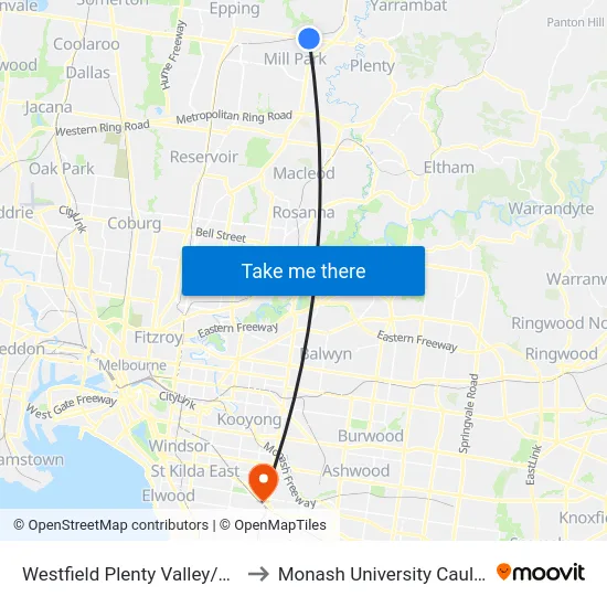 Westfield Plenty Valley/Mcdonalds Rd to Monash University Caulfield Campus map