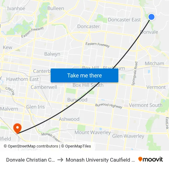 Donvale Christian College to Monash University Caulfield Campus map