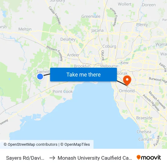 Sayers Rd/Davis Rd to Monash University Caulfield Campus map