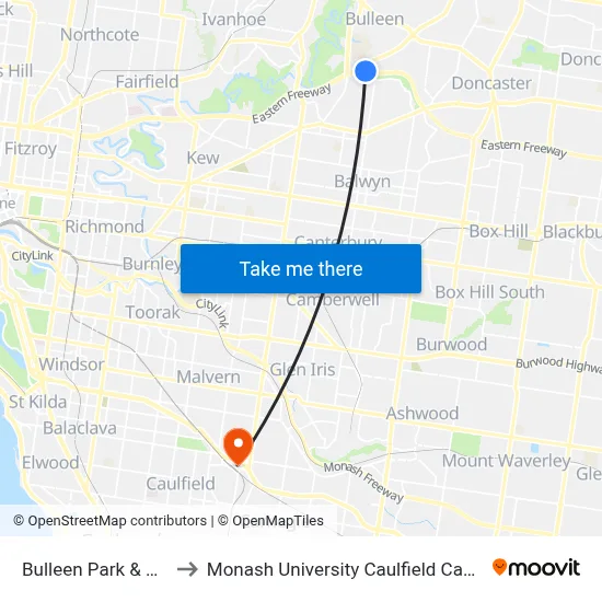 Bulleen Park & Ride to Monash University Caulfield Campus map
