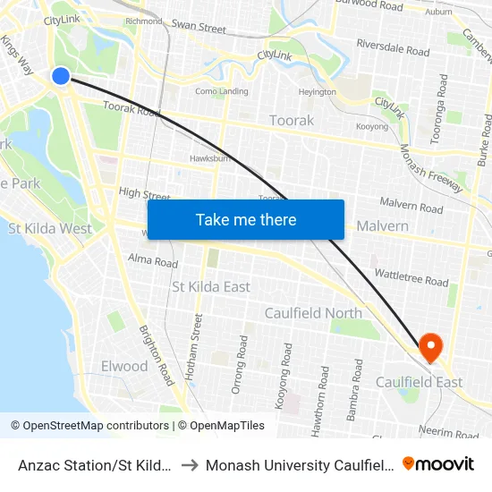 Anzac Station/St Kilda Rd #20 to Monash University Caulfield Campus map