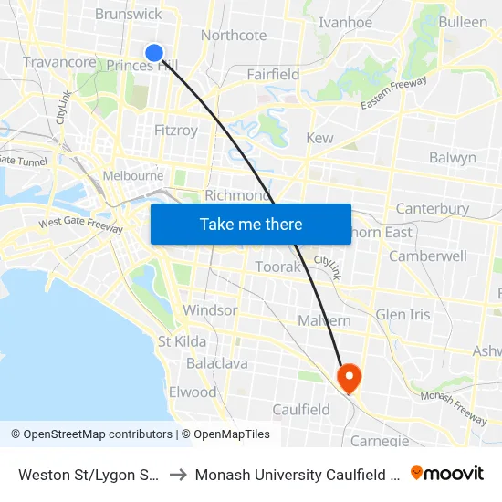 Weston St/Lygon St #121 to Monash University Caulfield Campus map