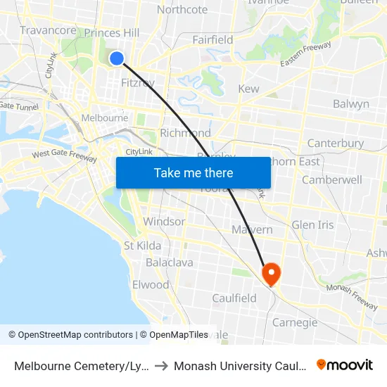 Melbourne Cemetery/Lygon St #115 to Monash University Caulfield Campus map