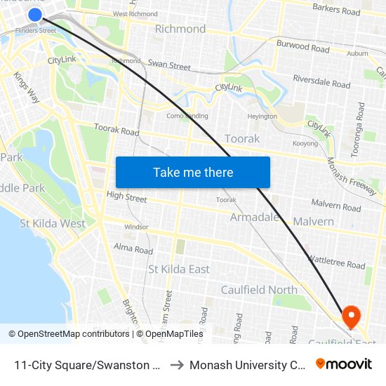 11-City Square/Swanston St (Melbourne City) to Monash University Caulfield Campus map