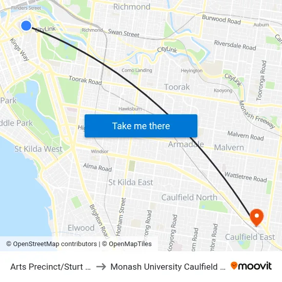 Arts Precinct/Sturt St #17 to Monash University Caulfield Campus map