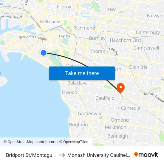 Bridport St/Montague St #28 to Monash University Caulfield Campus map