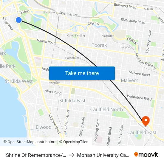 Shrine Of Remembrance/St Kilda Rd #19 to Monash University Caulfield Campus map