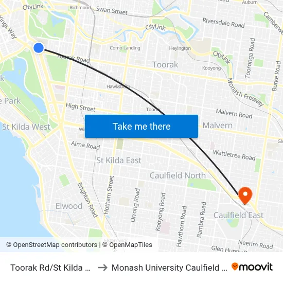 Toorak Rd/St Kilda Rd #22 to Monash University Caulfield Campus map