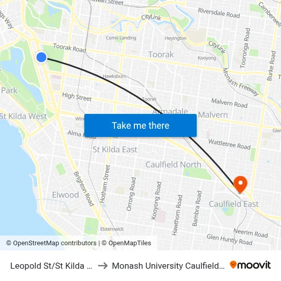 Leopold St/St Kilda Rd #24 to Monash University Caulfield Campus map