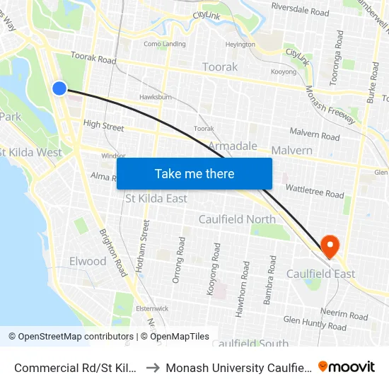 Commercial Rd/St Kilda Rd #25 to Monash University Caulfield Campus map
