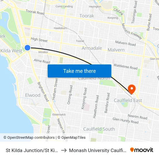 St Kilda Junction/St Kilda Rd #30 to Monash University Caulfield Campus map