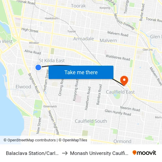 Balaclava Station/Carlisle St #38 to Monash University Caulfield Campus map