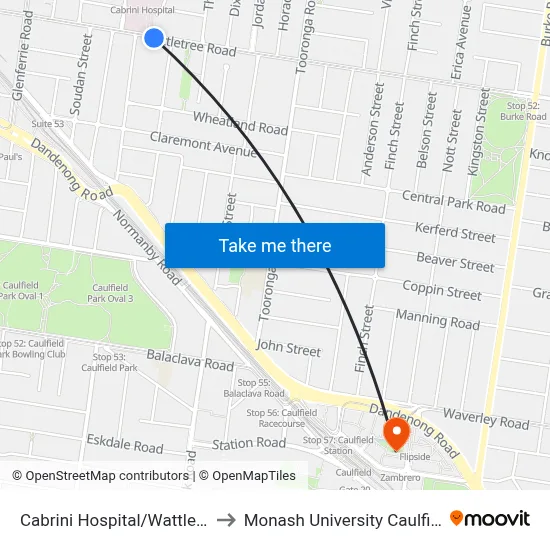 Cabrini Hospital/Wattletree Rd #47 to Monash University Caulfield Campus map