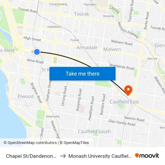 Chapel St/Dandenong Rd #32 to Monash University Caulfield Campus map