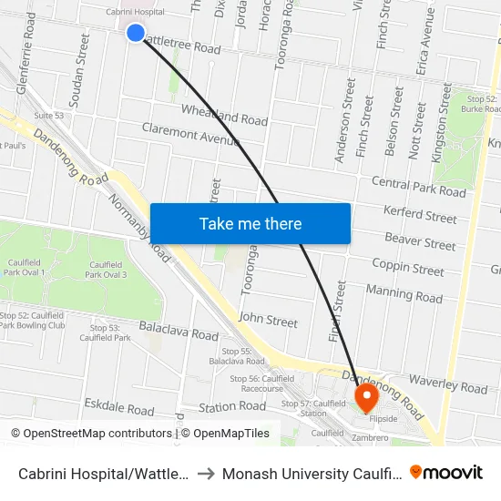 Cabrini Hospital/Wattletree Rd #47 to Monash University Caulfield Campus map