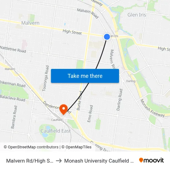 Malvern Rd/High St #53 to Monash University Caulfield Campus map
