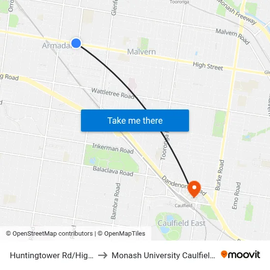 Huntingtower Rd/High St #42 to Monash University Caulfield Campus map