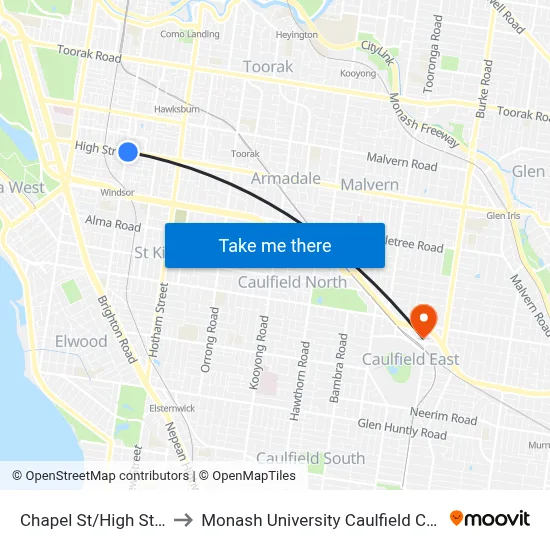 Chapel St/High St #31 to Monash University Caulfield Campus map