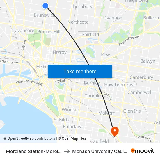 Moreland Station/Moreland Rd #133 to Monash University Caulfield Campus map