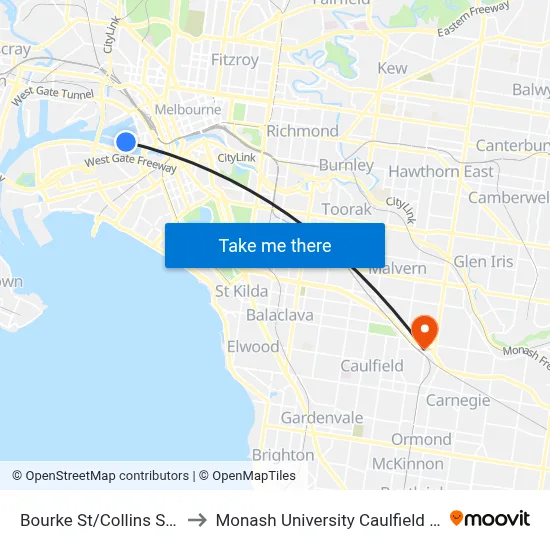 Bourke St/Collins St #D18 to Monash University Caulfield Campus map