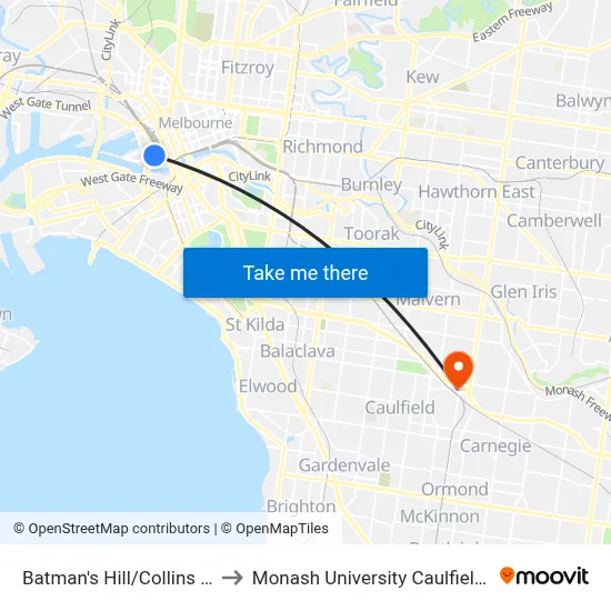 Batman's Hill/Collins St #D15 to Monash University Caulfield Campus map