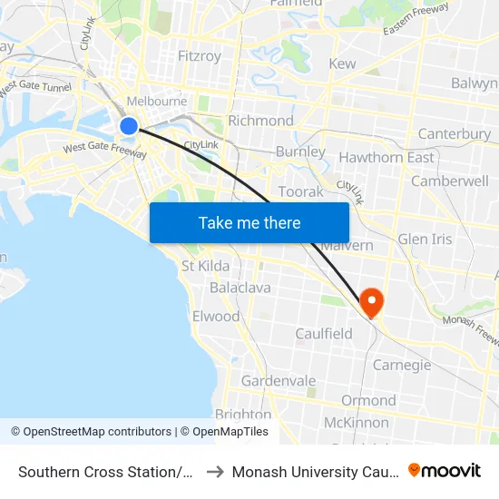 Southern Cross Station/Collins St #D14 to Monash University Caulfield Campus map