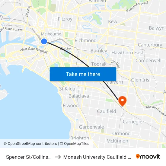 Spencer St/Collins St #1 to Monash University Caulfield Campus map
