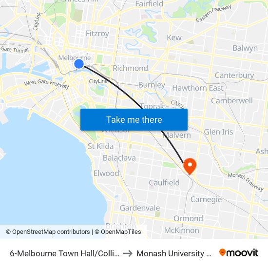 6-Melbourne Town Hall/Collins St (Melbourne City) to Monash University Caulfield Campus map