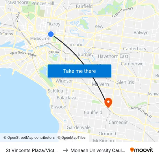 St Vincents Plaza/Victoria Pde #12 to Monash University Caulfield Campus map